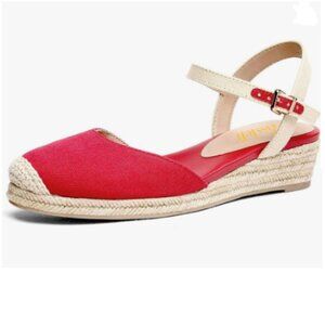 miss left Red Platform Rounded Toe Espadrille Sandals Ankle Strap Shoes